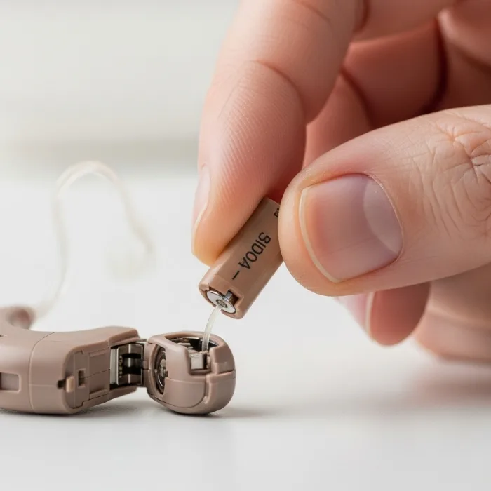 Audiologist carrying out hearing aid repair during a clinic appointment