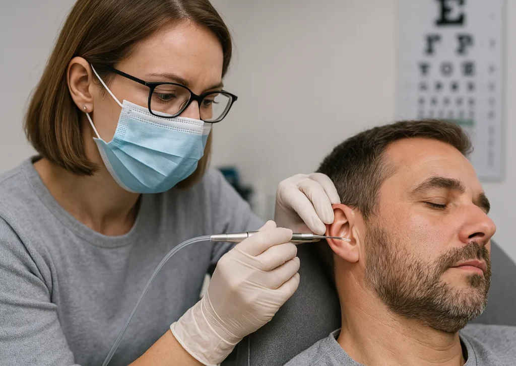 Our audiology team providing ear wax removal